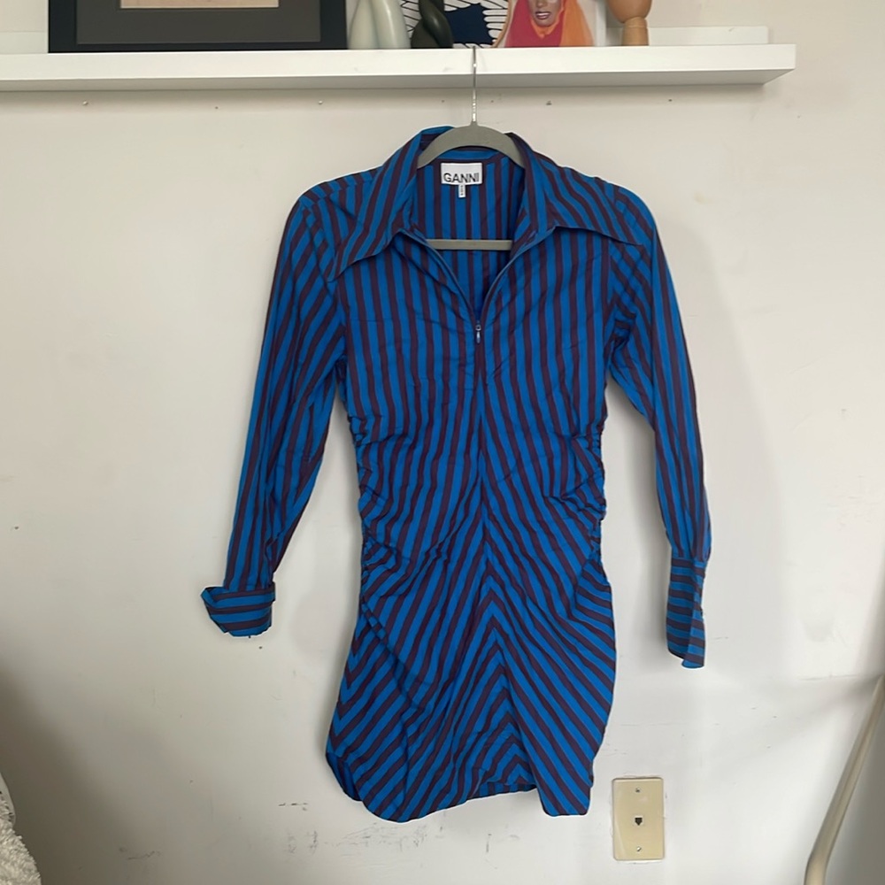 GANNI fitted stripe flare mini dress with front zip